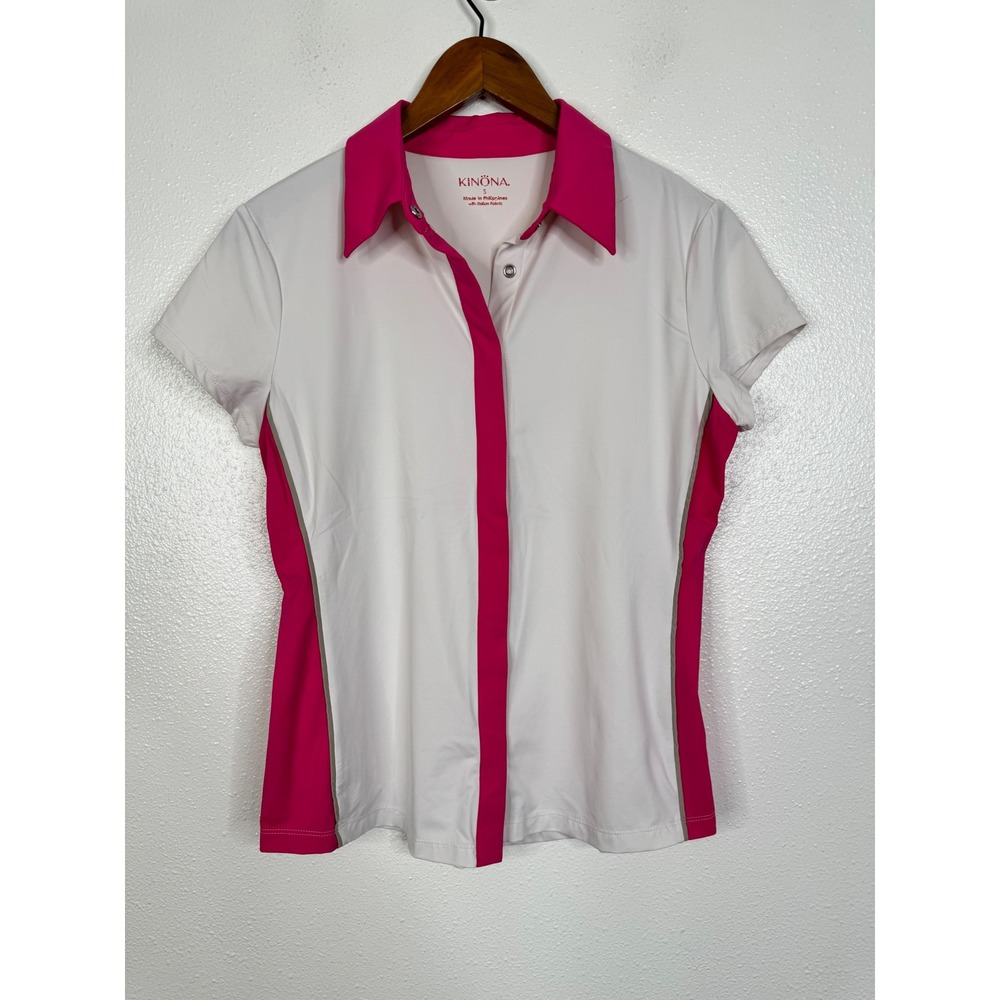 Kinona Womens Golf Polo Shirt White Pink Italian Fabric Snap Front Sporty Small